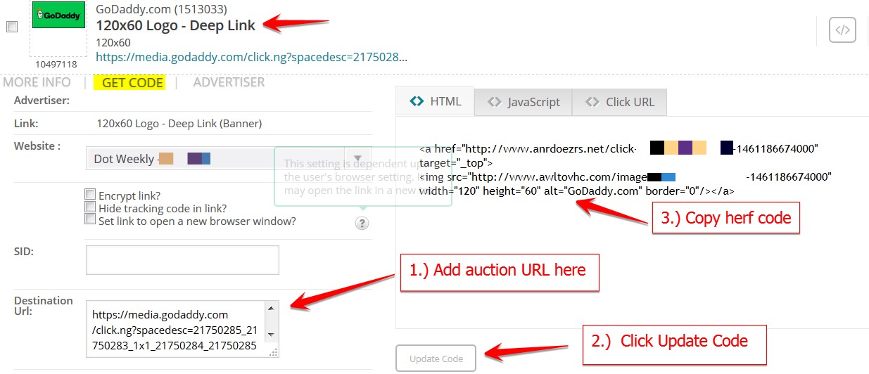 How to direct link a GoDaddy Auction using Commission Junction